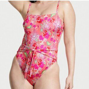 Victoria's Secret Swim Large One Piece High Cut Tie Front Floral Swimsuit Pink